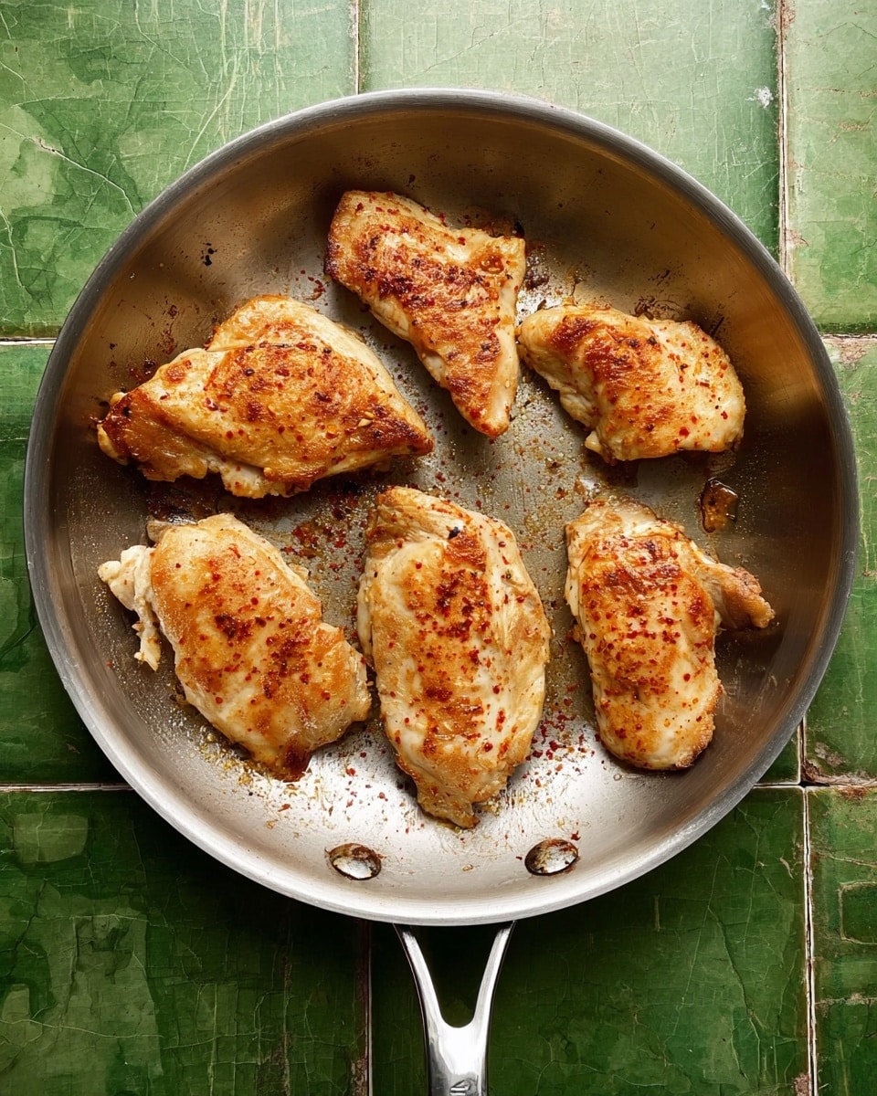 A shiny silver pan with five pieces of cooked chicken laid out evenly, each piece having a golden-brown color with a light sprinkle of red seasoning on top. The chicken pieces have a slightly crispy surface with some darker cooked spots, showing they were seared well. The pan is on a green tiled surface that has a slightly worn look. photo taken with an iphone --ar 4:5 --v 7