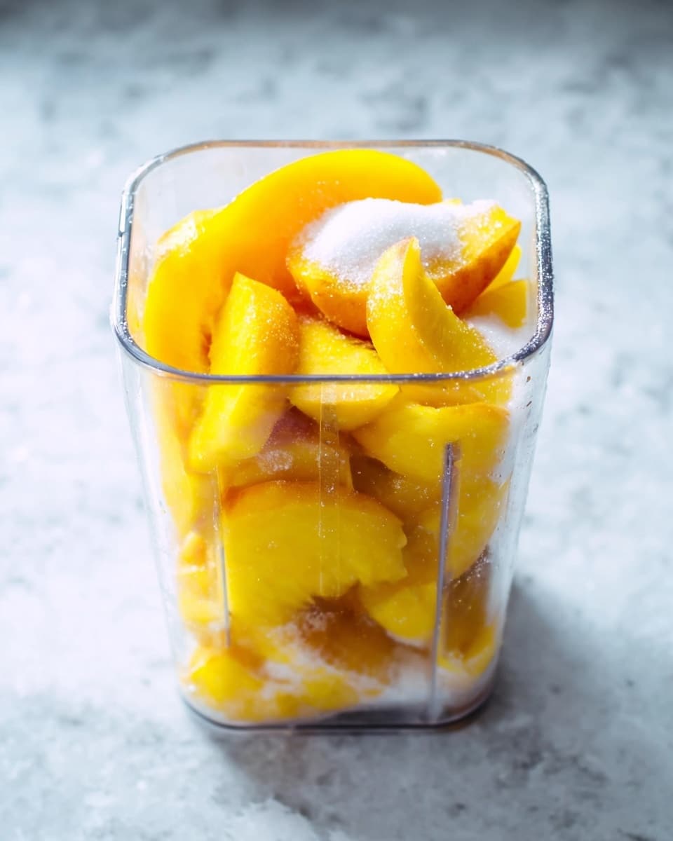 A clear blender container filled with layers of bright yellow peach slices and white granulated sugar sprinkled unevenly on top. The peach slices are stacked in a somewhat loose way, showing their soft texture and slightly shiny surface. The container sits on a white marbled surface that is softly lit. Photo taken with an iphone --ar 4:5 --v 7