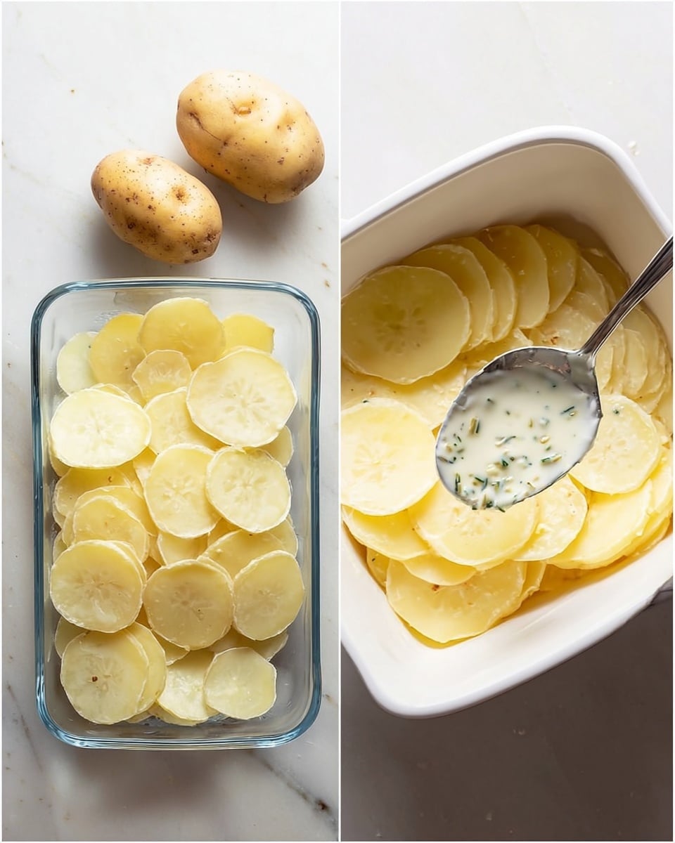 The image shows thin, round slices of potatoes arranged flat in a clear glass baking dish on the left, with two whole potatoes nearby on a white marbled surface. On the right, the same thin potato slices are layered inside a white baking dish, with a spoon above adding a creamy sauce speckled with small green herbs onto the potato layer. The layers are pale yellow with a soft, smooth texture, and the sauce adds a light cream contrast. Photo taken with an iphone --ar 4:5 --v 7