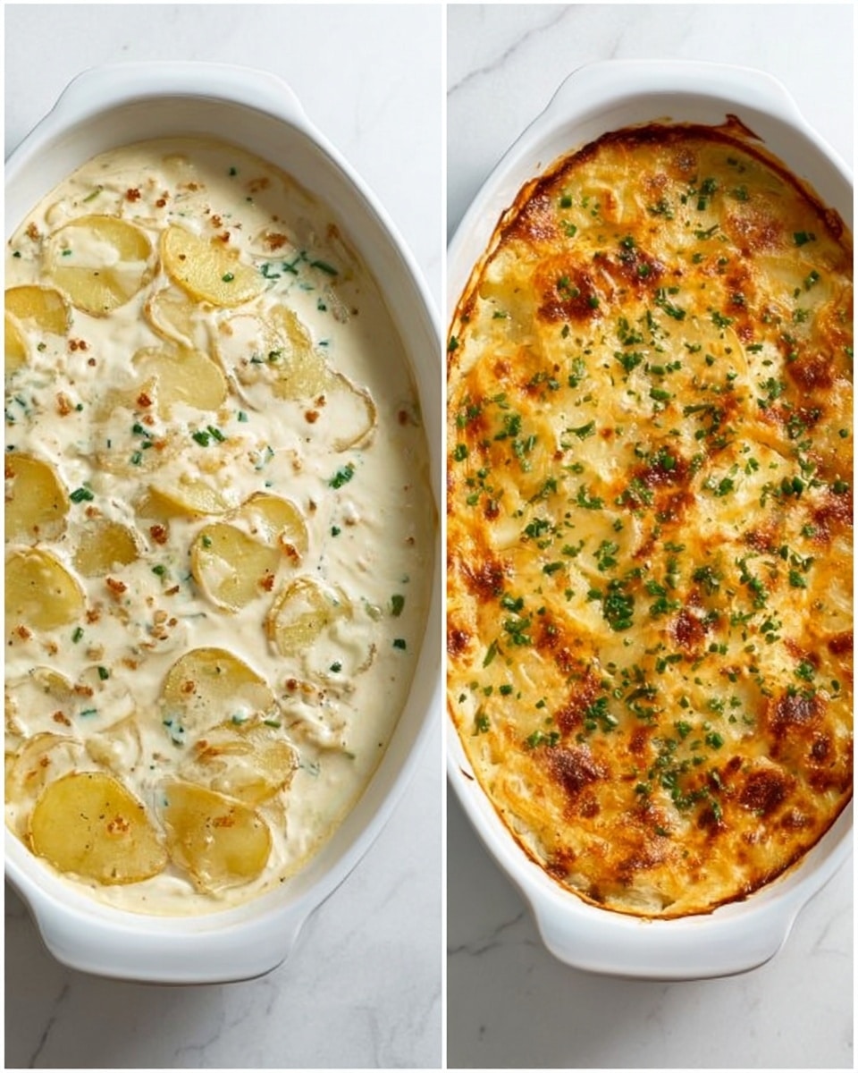 The image shows two white oval baking dishes on a white marbled surface. The dish on the left contains thin layers of pale yellow potato slices partly covered in a thick creamy white sauce with small green herb bits and light brown specks on top. The dish on the right has a golden baked potato gratin with the top layer browned and slightly crispy, sprinkled with chopped green herbs and small browned bits, giving a textured look. The layers are visible around the edges under the browned top. photo taken with an iphone --ar 4:5 --v 7
