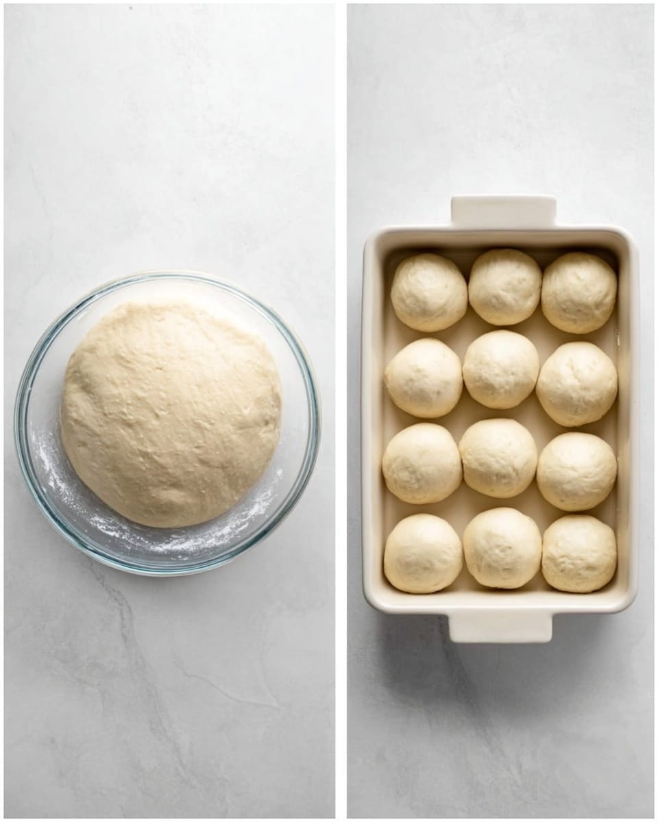 The image shows two side-by-side photos on a white marbled surface. On the left, there is a clear glass bowl filled with smooth, round dough that has risen and looks soft and slightly puffy, with a light beige color. On the right, there is a white baking dish holding 15 small dough balls evenly spaced out in three rows of five, each ball smooth and pale, ready to bake. Photo taken with an iphone --ar 4:5 --v 7