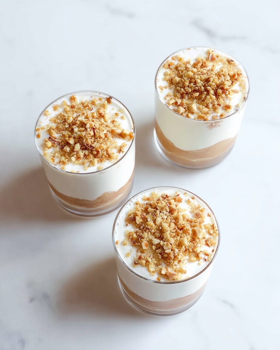 Three clear glass cups are shown from above, arranged diagonally on a white marbled surface. Each cup has three layers: the bottom layer is light brown and smooth, the middle layer is creamy white and thick, and the top layer is white foam textured with small crunchy light brown nut pieces sprinkled all over. The cups are filled almost to the top with the layers clearly visible. photo taken with an iphone --ar 4:5 --v 7
