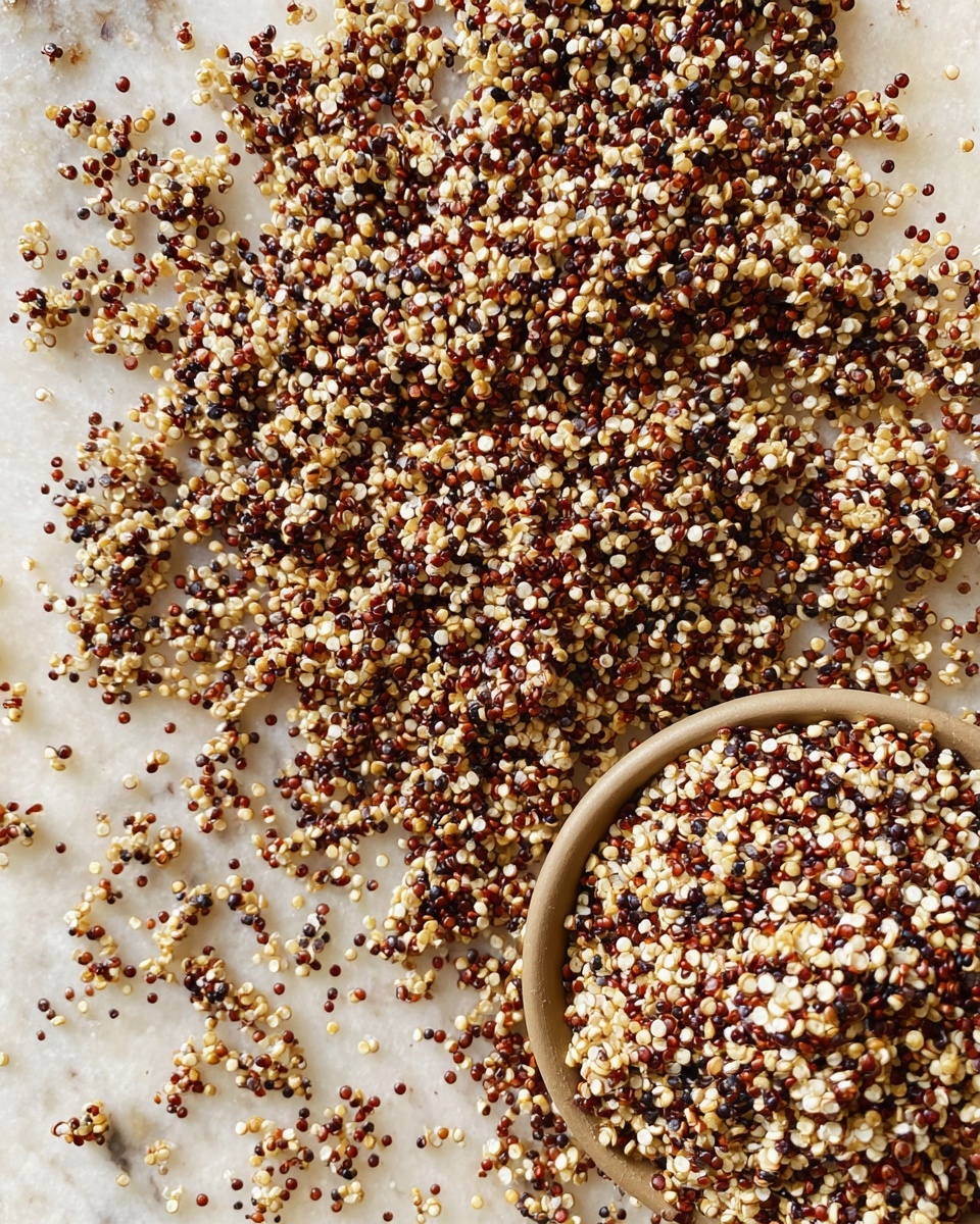 A round bowl filled with a mix of cooked quinoa in three colors: white, red, and black, showing fluffy, small grains with a soft and slightly curled texture. The bowl has an earthy, brown glaze and is placed on a surface scattered with some loose quinoa grains. The surface has a white marbled texture. The image is taken from above, focusing on the texture and colors of the quinoa in the bowl photo taken with an iphone --ar 4:5 --v 7