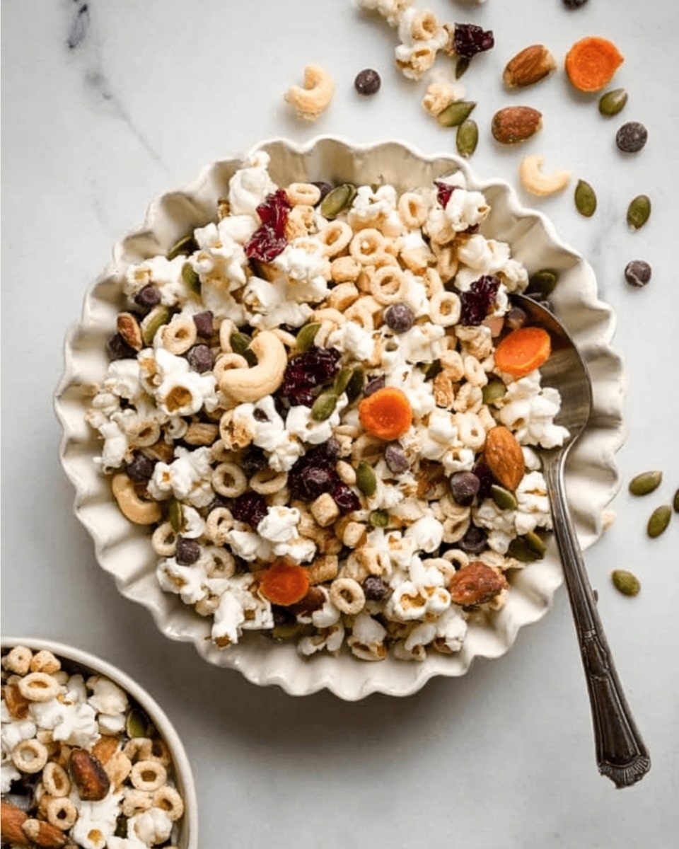 The image shows a white scalloped bowl filled with a mix of snacks. The mix has several layers including white popcorn with a fluffy texture, light beige cheerio-shaped cereal, small orange carrot-shaped pieces, dark brown chocolate chips scattered throughout, and green pumpkin seeds. On the right side of the bowl, a silver spoon rests inside, and some pieces are spilled onto the white marbled surface around the bowl. In the bottom corner, a partial view of another white bowl with the same snack mix is visible. Photo taken with an iphone --ar 4:5 --v 7