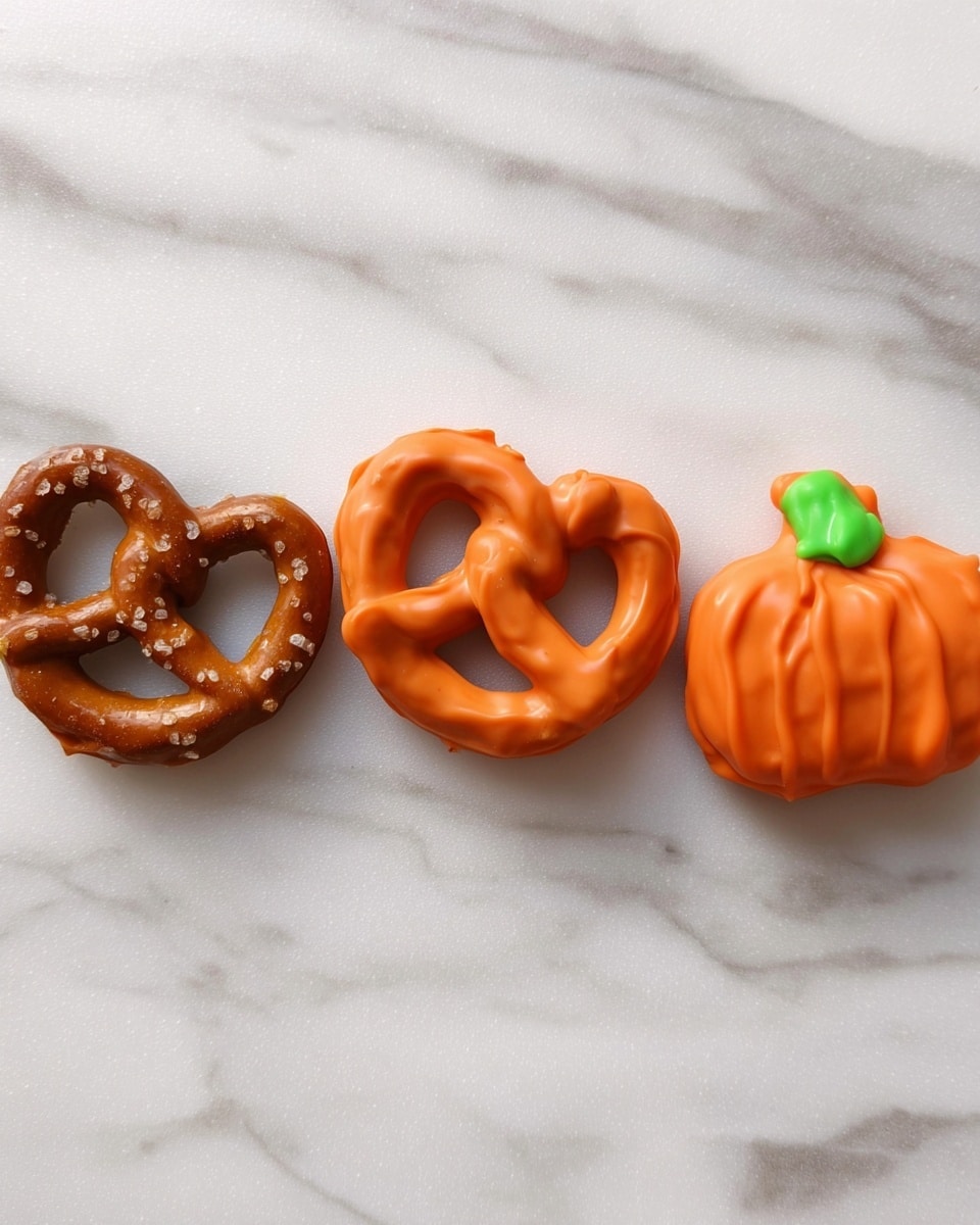 There are four items placed in a row on a white marbled surface. The first item is a plain brown pretzel with visible salt grains. The second is a pretzel fully covered in smooth, orange coating but you can still see its shape and holes. The third item is shaped like a small pumpkin, fully covered in the same orange coating, with a smooth texture and no holes visible. The fourth item looks like the small pumpkin but with a green candy placed on top to look like a pumpkin stem. photo taken with an iphone --ar 4:5 --v 7
