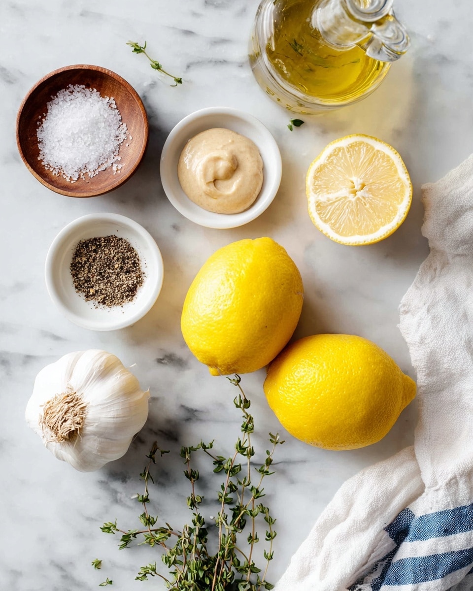 The image shows a white marbled surface with fresh ingredients arranged neatly. There are two whole yellow lemons and one lemon cut in half, showing the inside with a light yellow color and a juicy texture. Near the lemons, there is a whole garlic bulb with its white papery skin. A small round white dish holds a mix of black pepper and salt, while another small round white dish contains a creamy light brown paste. A wooden bowl with some coarse salt inside sits near the top, and a clear glass bottle with a round opening contains light golden oil. Fresh green sprigs of herbs, likely thyme, lay near the bottom. A white towel with blue stripes is partially visible on the right side. photo taken with an iphone --ar 4:5 --v 7