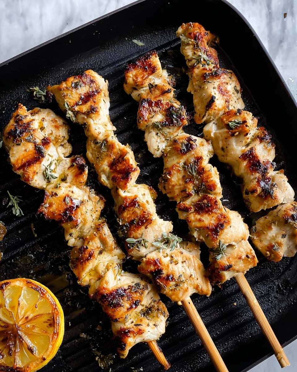 Four wooden skewers with grilled pieces of chicken, each piece showing a golden brown color with some grill marks and slight charring, are placed diagonally on a black grill pan. The chicken pieces have a light seasoning or herbs visible. In the bottom left corner of the pan, there is a half lemon that is grilled with a brownish sear. The background shows a white marbled texture. photo taken with an iphone --ar 4:5 --v 7