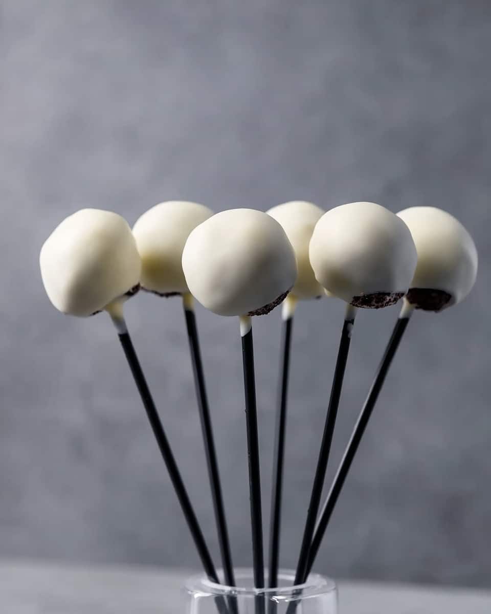 This image shows seven cake pops arranged in a small clear plastic stand. Each cake pop is on a black stick and is fully covered in smooth white coating, with a little bit of dark brown cake visible near the stick. The cake pops are round and evenly spaced in a row. The background is a plain gray wall, and the surface below is not visible. photo taken with an iphone --ar 4:5 --v 7