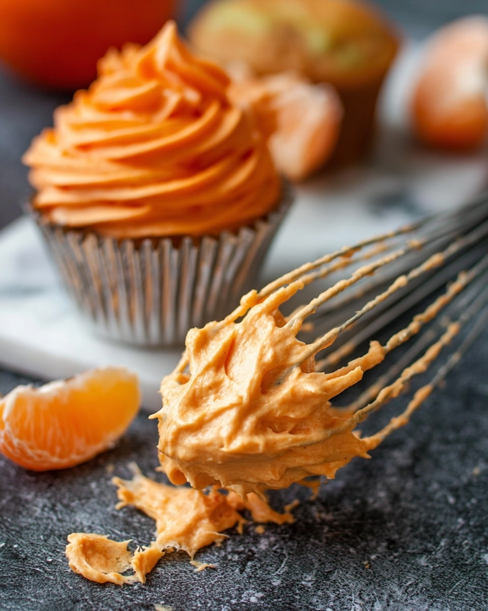 The image shows a close-up of an orange creamy mixture on a metal whisk resting on a dark textured surface. In the background, there is a cupcake with swirled orange frosting in a silver wrapper, sitting on a white marbled surface. Around the whisk, there are pieces of peeled citrus fruit, adding a fresh look to the scene. The colors are warm with a focus on the creamy orange mix and soft frosting swirls. photo taken with an iphone --ar 4:5 --v 7