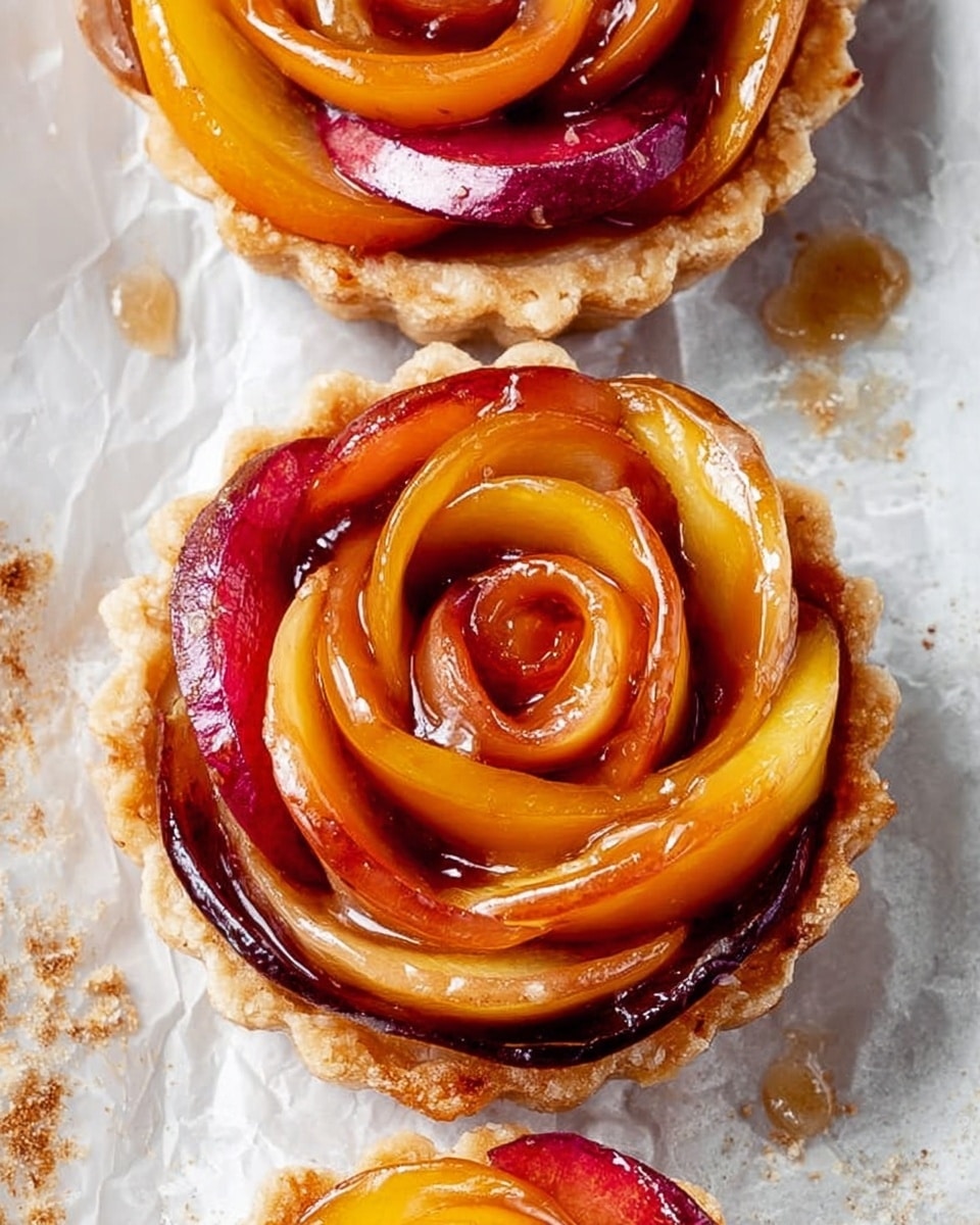 The image shows three white round plates on a white marbled surface, each holding a peach slice arranged into a rose shape with three layers of thinly sliced peach petals starting from the center and swirling outward in shades of deep orange and red with slightly caramelized edges. Each plate also has a scoop of light cream-colored ice cream with a smooth texture placed next to the peach rose. Three silver forks rest on or near the plates, and a whole peach, cut in half to reveal its pit and bright orange flesh, sits near the bottom right corner. A beige linen cloth is partially visible under one plate and fork. Photo taken with an iphone --ar 4:5 --v 7
