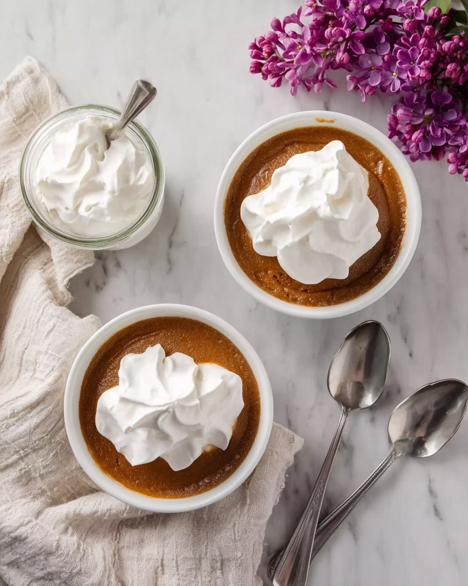 The image shows two round white bowls filled with a brown pudding or custard. Each bowl has a thick dollop of white whipped cream on top, placed in the middle. The bowls sit on a white marbled surface, with a light-colored cloth nearby. Between the bowls is a small glass jar filled with more whipped cream and a silver spoon inside it. To the right of the bowls are two silver spoons resting side by side. In the top right corner, there is a bunch of purple flowers adding a touch of color to the scene. photo taken with an iphone --ar 4:5 --v 7