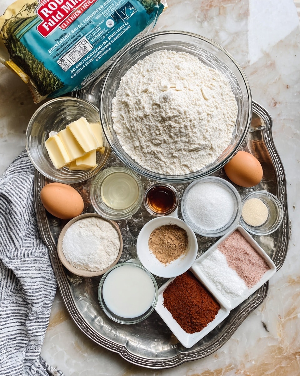A silver tray holds baking ingredients arranged neatly over a white marbled surface. Centered is a glass bowl filled with white flour, surrounded by smaller bowls and containers: two brown eggs in a small white bowl, a clear measuring cup with a creamy liquid, a small white bowl with granulated white sugar, a tiny glass bowl with vanilla extract, another tiny glass bowl with brown cinnamon powder, a white rectangular dish with three piles of white baking powder, pink salt, and another white powder, a partially unwrapped stick of yellow butter, a glass bowl of white powdered sugar, a small clear cup with milk, and a glass bowl of brown sugar. A striped white and gray cloth peeks from the left side. In the background, a blue and green bag of Bob’s Red Mill flour leans on the surface. photo taken with an iphone --ar 4:5 --v 7