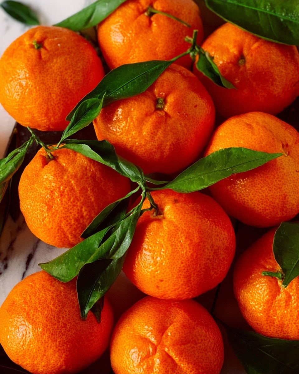 The image shows a group of round, bright orange mandarins with smooth, slightly textured skin. Each mandarin has a cluster of dark green leaves attached near the top, adding contrast to the vibrant orange. The mandarins are closely packed, filling the frame, and are placed on a white marbled surface. The lighting highlights the fresh, shiny look of the fruit and leaves. Photo taken with an iphone --ar 4:5 --v 7