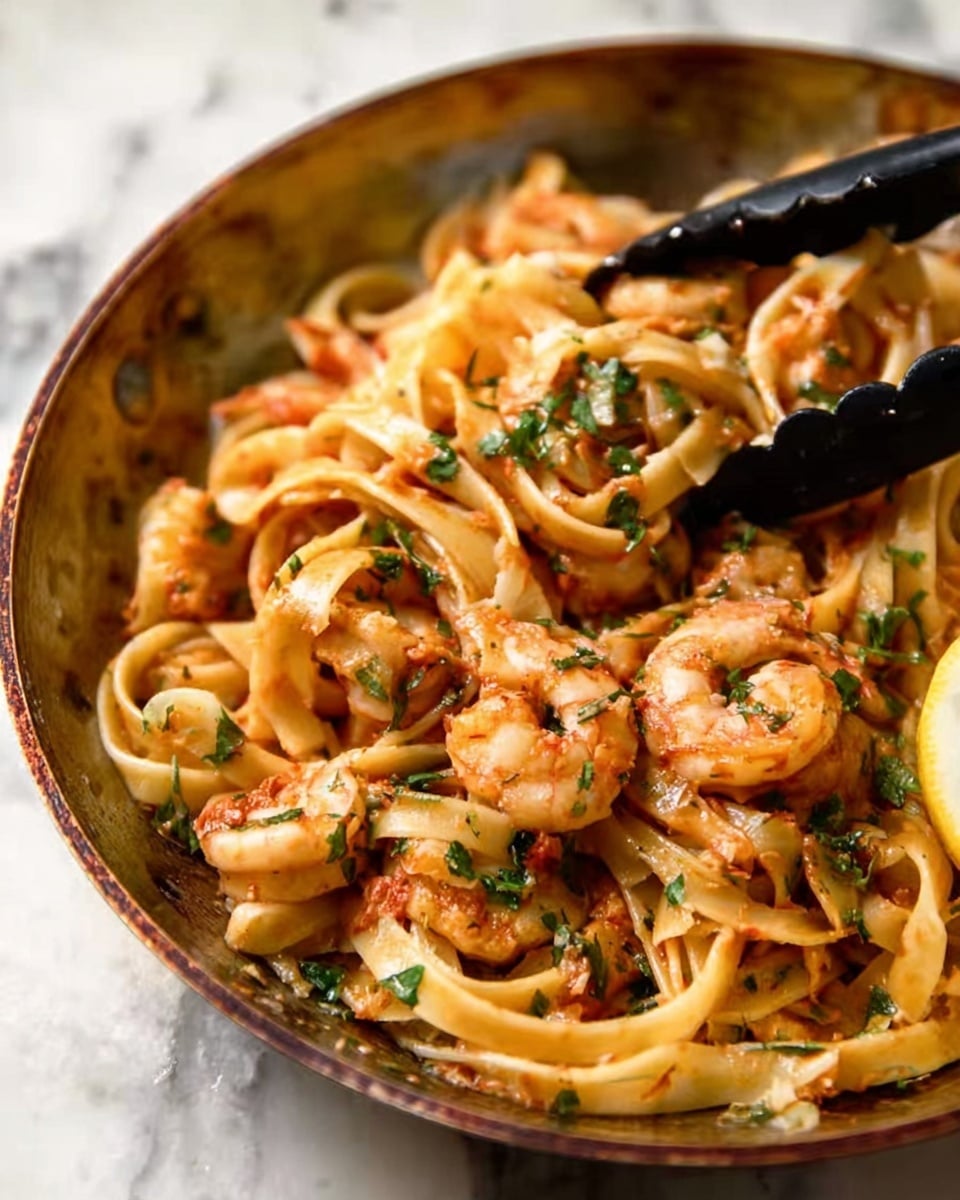 A white round plate with a layer of spaghetti noodles mixed with red tomato sauce, scattered with green broccoli pieces and small orange and yellow bell pepper chunks. On top are three large cooked shrimp with a pinkish-orange color, sprinkled with white grated cheese and bits of green parsley. A silver fork rests inside the plate on the right side. The plate sits on a white marbled surface with some green parsley leaves and a beige and striped cloth nearby. Photo taken with an iphone --ar 4:5 --v 7