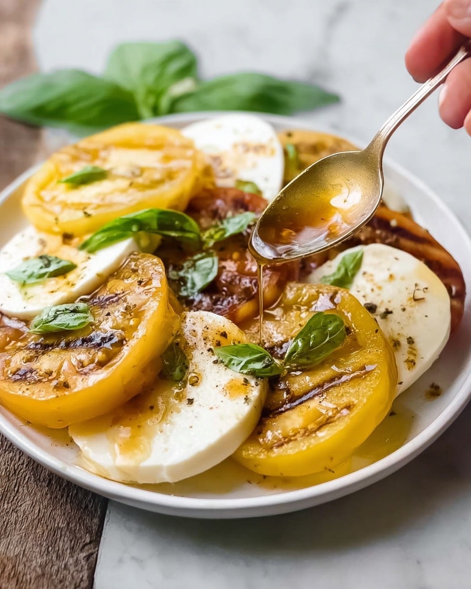The image shows a white plate with slices of yellow tomatoes and white mozzarella cheese arranged in alternating layers, about five layers in total. Each tomato slice has a slightly charred texture with grill marks. The white mozzarella layers are smooth and round. Small green basil leaves are placed on top of the tomato slices for garnish. A spoon held by a woman's hand is pouring a light brown dressing over the dish. The plate is set on a white marbled surface. photo taken with an iphone --ar 4:5 --v 7