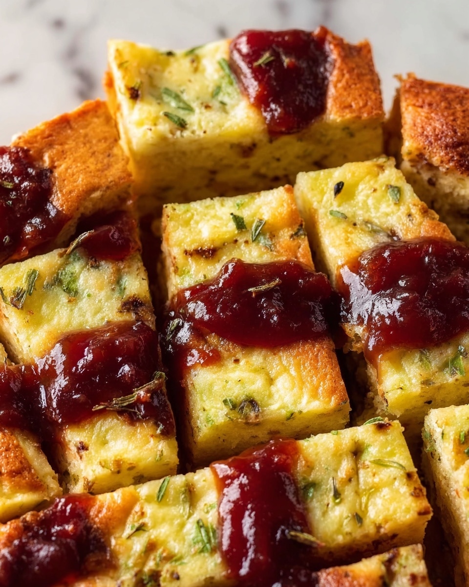 The image shows a close-up of a loaf of bread sliced in thick layers, with a golden-brown crust and soft, light beige inside. Between the slices, there is a creamy white spread that looks smooth and rich. On top of and between the bread slices are dollops of deep red jam, which looks thick and slightly shiny. Small green dried herbs are sprinkled on the bread, adding a hint of color and texture. The bread is inside a white bowl, and part of a blue cloth is visible in the corner. The background has a white marbled texture. Photo taken with an iphone --ar 4:5 --v 7