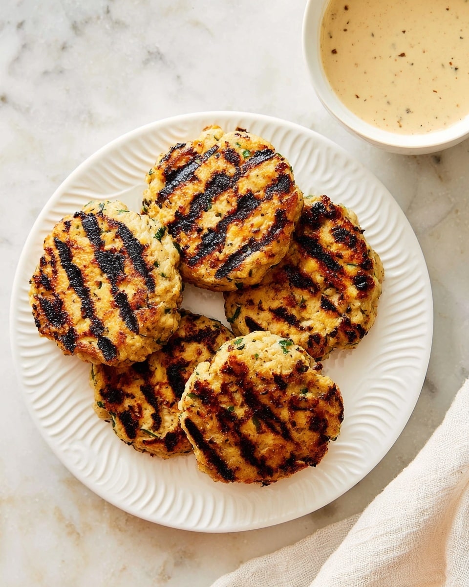 Four grilled patties with golden-brown color and dark grill marks, round and slightly thick with a textured surface, showing bits of green herbs inside. They are arranged on a white plate with a raised swirl design around the edge. To the right, a white bowl holds a creamy light beige sauce with visible small dark specks. The scene is set on a white marbled surface, with part of a light cloth visible at the bottom right corner. Photo taken with an iphone --ar 4:5 --v 7