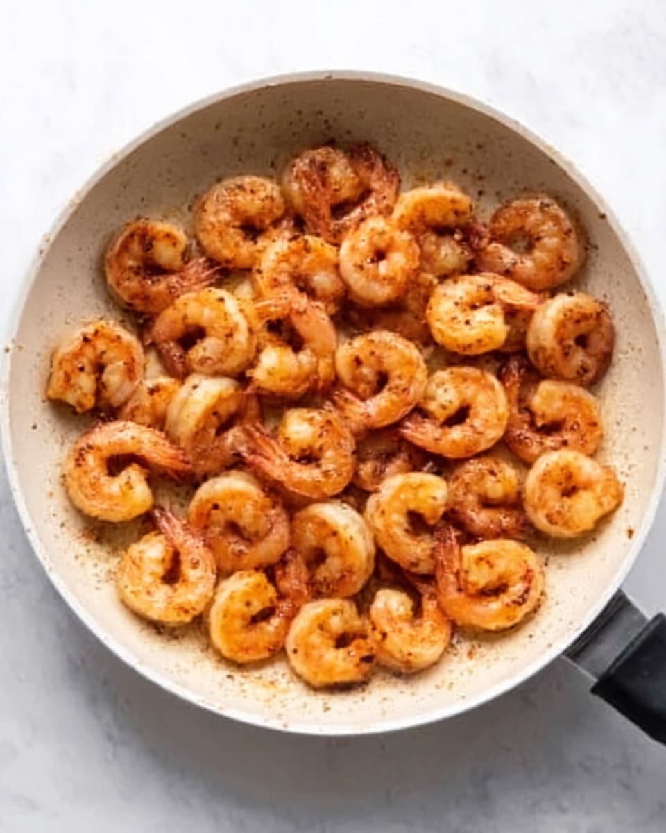 A white pan filled with a single layer of cooked shrimp, evenly spread out. The shrimp are pinkish-orange in color with a slightly browned texture, showing some seasoning and a bit of oil shine. The pan sits on a white marbled surface. photo taken with an iphone --ar 4:5 --v 7