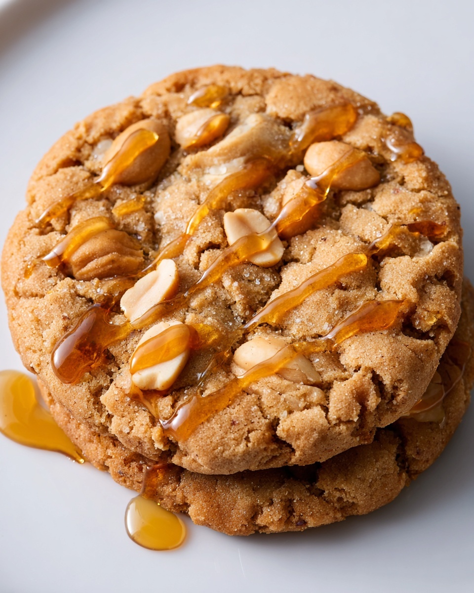 Several warm, light brown peanut cookies with a slightly rough texture are spread out on a white marbled surface. The cookies have small chunks of peanuts embedded in them, adding a bumpy detail on the surface. Thick golden honey is being drizzled over one cookie from a wooden honey dipper held above, creating shiny, sticky lines that catch the light and flow over the cookie and onto the marbled surface. The honey glistens with a rich amber color, contrasting with the matte cookies. photo taken with an iphone --ar 4:5 --v 7