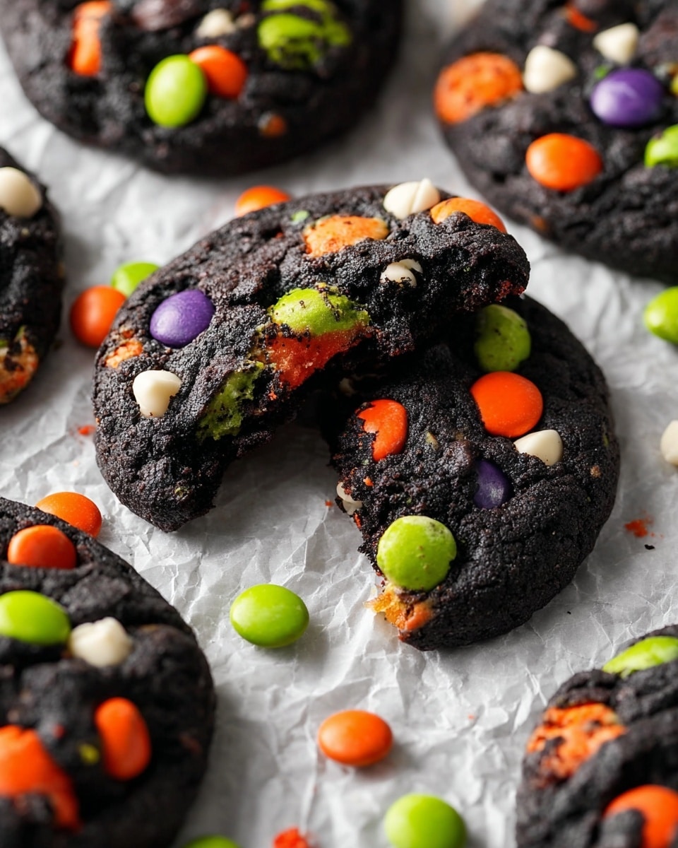 The image shows several dark black cookies with a rough, slightly cracked texture, each studded generously with colorful candy-coated chocolates in bright orange, green, purple, and small white chocolate chips scattered throughout. One cookie is broken in half, revealing a soft, dense inside. The cookies rest on crinkled white parchment paper, placed on a white marbled surface, with some colorful candies scattered around them. The scene is close-up and focused on the cookies’ rich texture and bright candy colors. photo taken with an iphone --ar 4:5 --v 7
