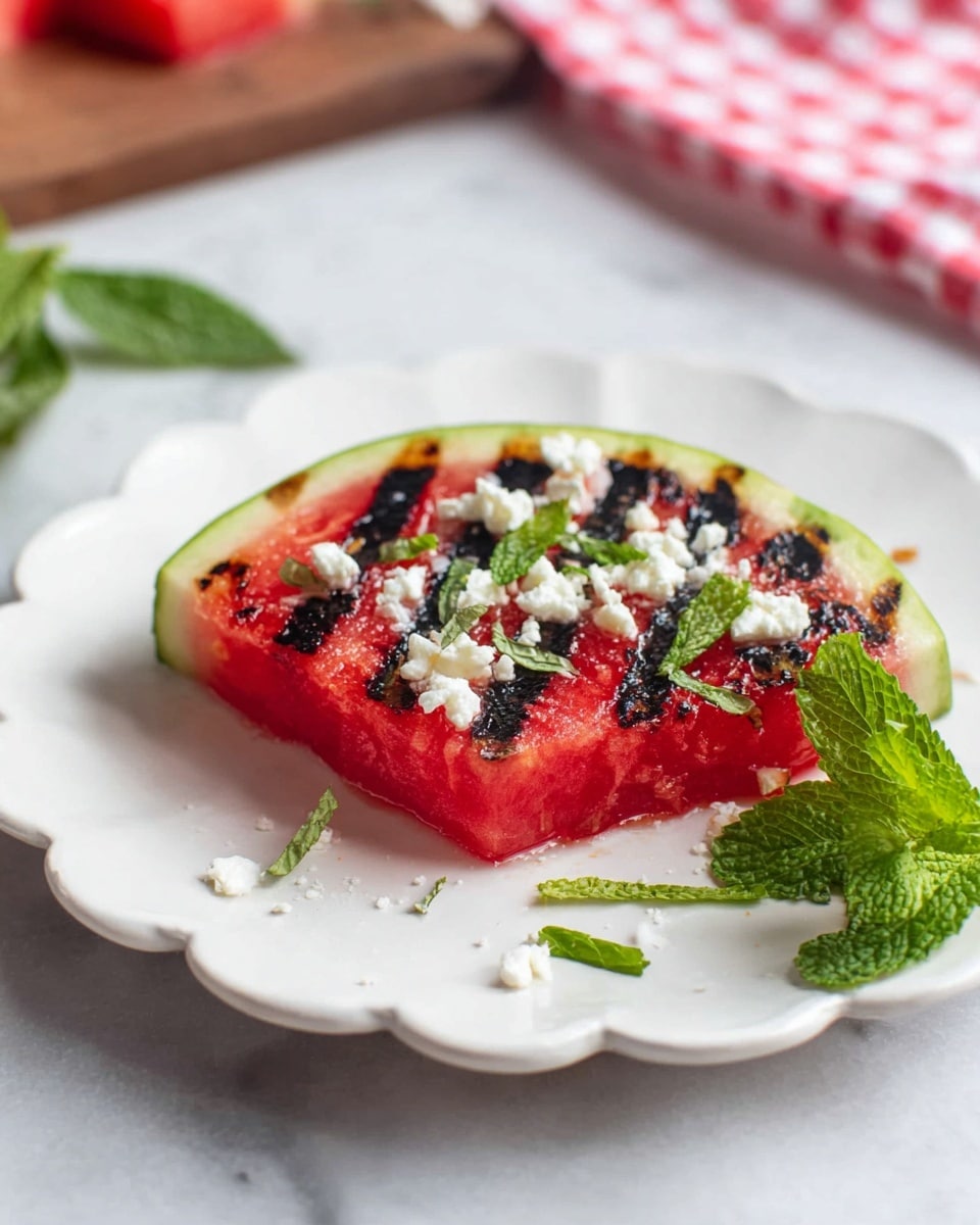 A grilled watermelon slice with dark char marks is placed in the center of a white scalloped plate. The watermelon has a bright red interior with a green rind on the edge. Small white cheese crumbles are scattered over the watermelon and plate, along with thin strips of fresh green mint leaves. A larger mint sprig rests near the bottom edge of the plate. The plate is set on a white marbled surface, and a piece of red and white checkered cloth is visible in the background. Photo taken with an iphone --ar 4:5 --v 7