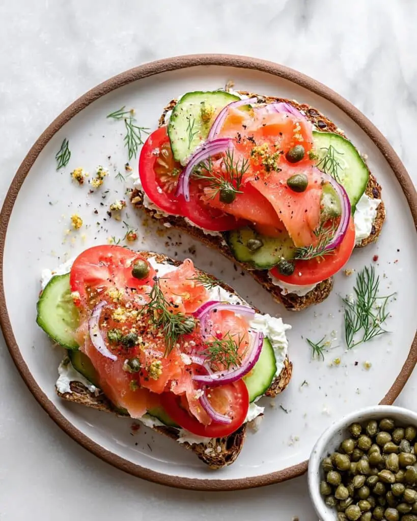 Smoked Salmon Toast with Cottage Cheese, Cucumber, and Tomato Recipe