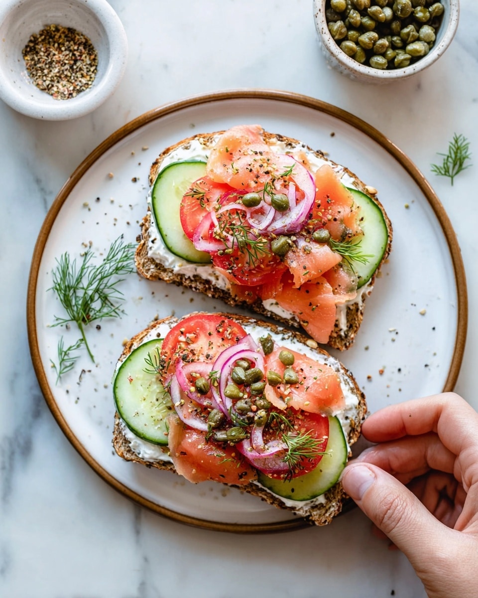 Two slices of multi-grain bread lie on a round white plate with a brown rim, placed on a white marbled surface. Each slice has a bottom layer of white cottage cheese spread evenly, topped with thin round cucumber slices forming an almost full base, followed by bright red tomato slices. On top are layers of light pink smoked salmon pieces, garnished with thin slivers of purple-red onion, scattered small green capers, and sprigs of fresh green dill. A woman's hand is holding the bottom slice gently, near a small white bowl filled with capers. Some seasoning sprinkled over the dish adds small black and white specks, with scattered dill fragments around the plate. In the top left corner, a small bowl of seasoning is partly visible. Photo taken with an iphone --ar 4:5 --v 7