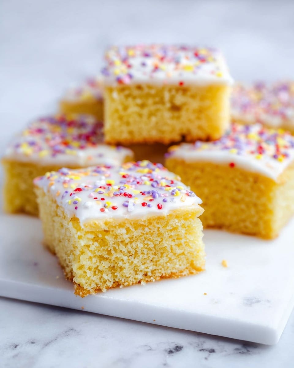 Seven yellow cake squares are arranged on a white plate placed on a white marbled surface. Each cake square has one layer showing a soft, moist texture and is topped with a smooth white icing layer covered in small round colorful sprinkles in red, blue, yellow, and pink. There is a glass jar filled with a yellow creamy substance in the background with a white spoon inside. Two white utensils with floral decorations are beside the plate on the right. Some sprinkles are scattered lightly on the surface near the plate. photo taken with an iphone --ar 4:5 --v 7