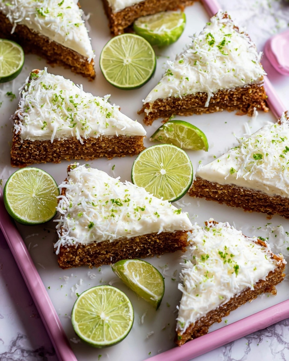 The image shows several triangular slices of cake arranged on a white tray with a pink base. Each cake slice has two layers: a bottom layer that is brown and textured, and a thick top layer of white creamy frosting sprinkled with shredded white coconut. Some pieces have tiny green lime zest scattered on top of the frosting, adding pops of color. Around the slices, there are a few lime wedges, showing fresh green and white colors. The background is a white marbled surface. photo taken with an iphone --ar 4:5 --v 7