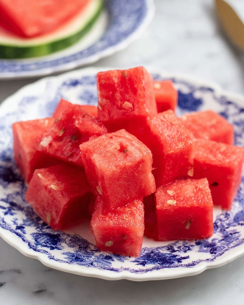 The image shows a white plate with blue floral patterns filled with bright red cubes of watermelon. The cubes have a juicy texture with some showing small black seeds inside. The plate is placed on a white marbled surface, and the watermelon cubes are stacked closely together, creating a vibrant and fresh look. In the background, there is a partial view of another plate with a watermelon slice, also on the same patterned plate and white marbled surface. photo taken with an iphone --ar 4:5 --v 7