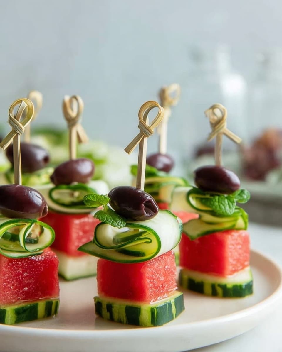 The image shows several small, stacked appetizers on a white plate, placed on a white marbled surface. Each appetizer has three layers: the bottom layer is a solid red cube of watermelon, the middle layer is a thick, light green slice of cucumber with thin, curly cucumber ribbons on top, and the top layer is a small pale green scoop of herb sauce. Each appetizer is topped with a single dark brown olive, all held together by a small bamboo skewer with a looped top. The colors are fresh and vibrant, with red, different shades of green, and dark brown all clearly visible. Photo taken with an iphone --ar 4:5 --v 7