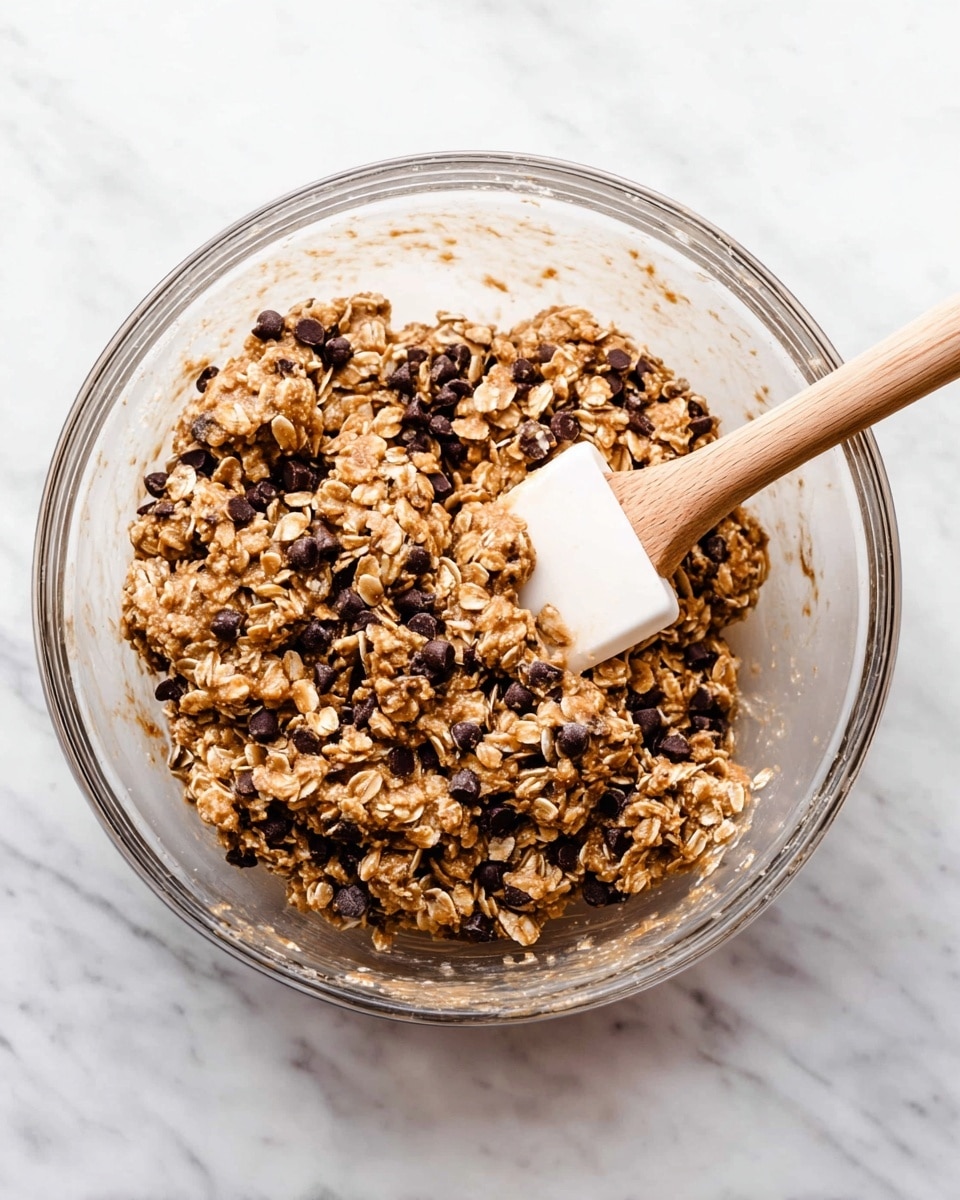 A clear glass bowl filled with a mixture of oats and small dark chocolate chips, all coated in a sticky light brown syrup, creating a textured and clustered appearance. Resting inside the bowl is a white spatula with a smooth wooden handle partially covered in the oat mix. The bowl sits on a white marbled surface, adding a clean and bright background to the image. photo taken with an iphone --ar 4:5 --v 7