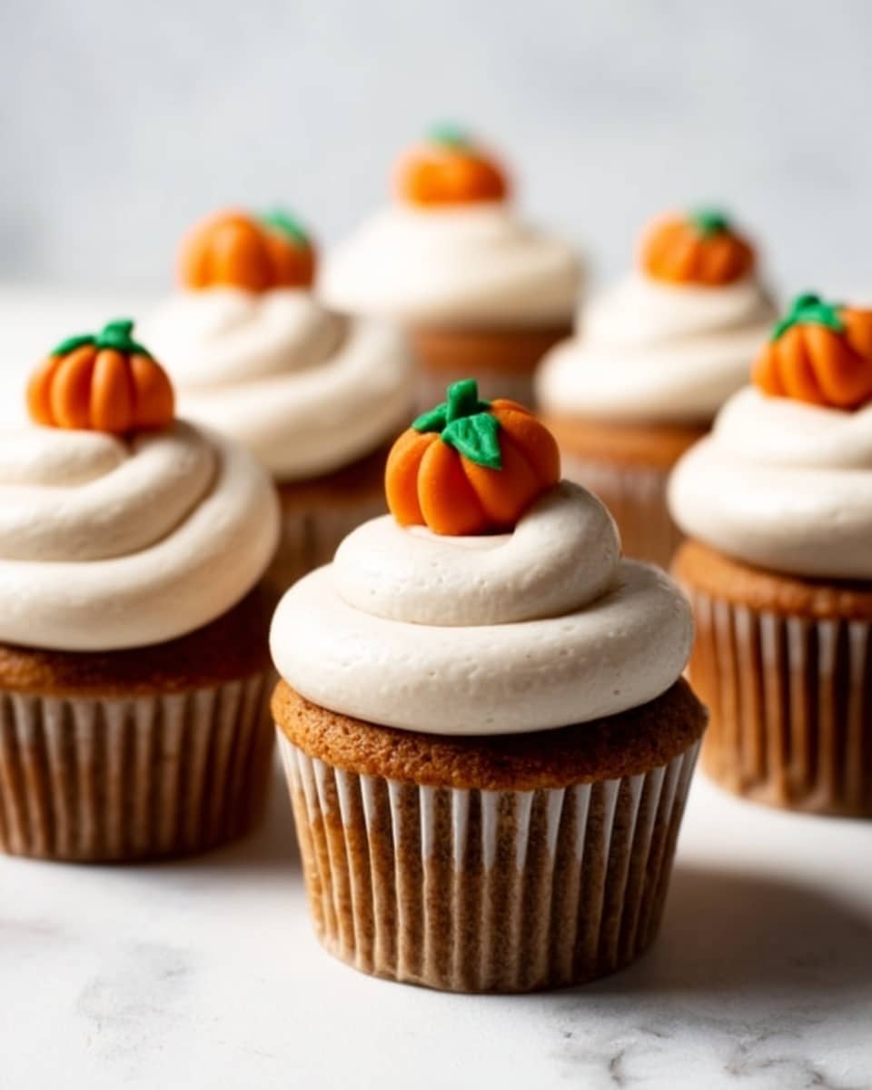 A close-up view of a moist single-layer pumpkin cupcake with a warm brown color and a soft, spongy texture. The cupcake is topped with a thick layer of creamy white frosting that spreads smoothly over the top. Sitting on the frosting is a small, detailed orange pumpkin made of icing, featuring green leaves and a brown stem as decoration. The cupcake is partly wrapped in a crinkled, light beige paper liner, sitting on a white marbled surface. Photo taken with an iphone --ar 4:5 --v 7
