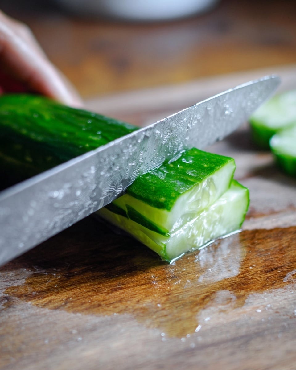 A close-up of a sharp silver knife slicing through a fresh green cucumber on a wooden cutting board, with the cucumber partially peeled and showing light green inside. Droplets of water and cucumber juice are visible on the board, and a woman's hand holds the cucumber steady. The background is softly blurred. photo taken with an iphone --ar 4:5 --v 7