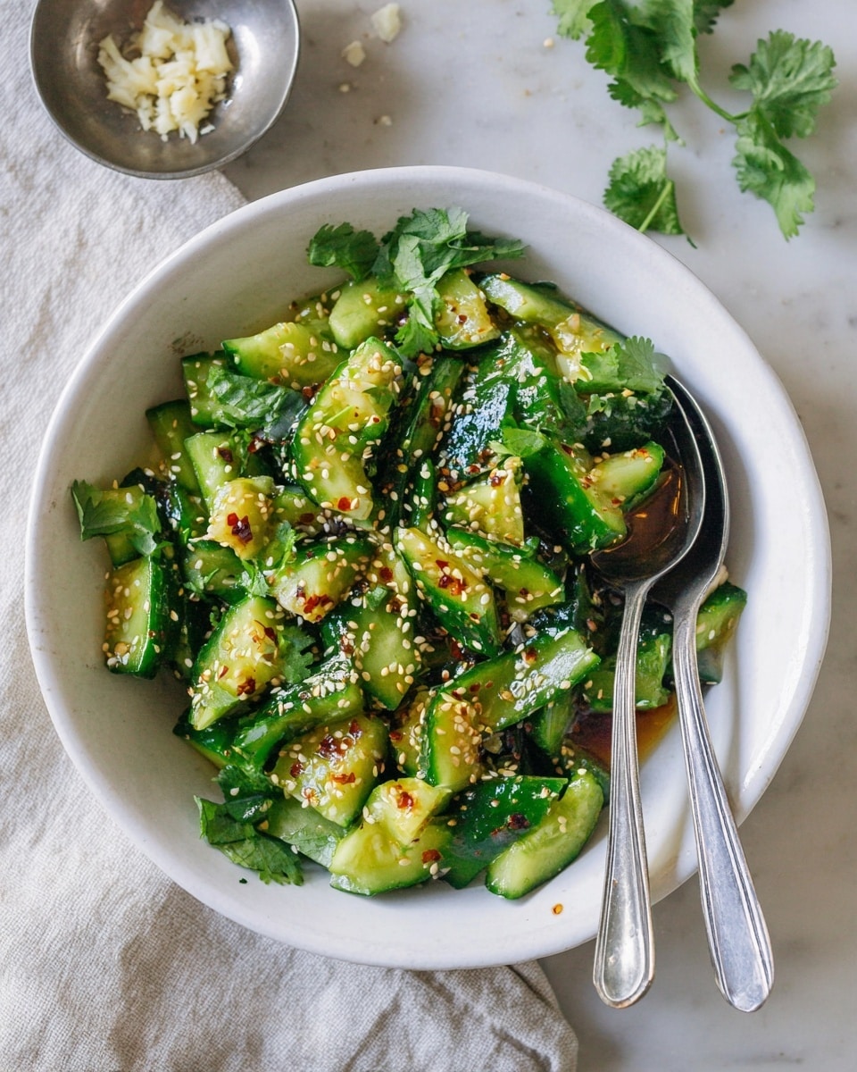 A white bowl filled with roughly chopped green cucumbers that have a glossy texture, mixed with bright green cilantro leaves scattered throughout. The cucumbers are topped with a sprinkling of small white sesame seeds and small spots of dark chili flakes oil. Two silver spoons rest inside the bowl on opposite sides. The bowl is on a white marbled surface with some cilantro leaves and a small metal bowl containing minced garlic in the background. Photo taken with an iphone --ar 4:5 --v 7