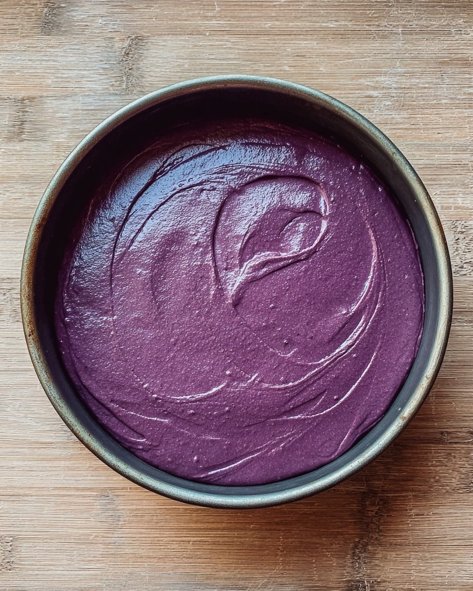 A round baking pan filled with a single thick layer of smooth, deep purple batter. The surface of the batter shows soft swirls and slight uneven textures from spreading. The pan is placed on a light brown wooden surface. photo taken with an iphone --ar 4:5 --v 7
