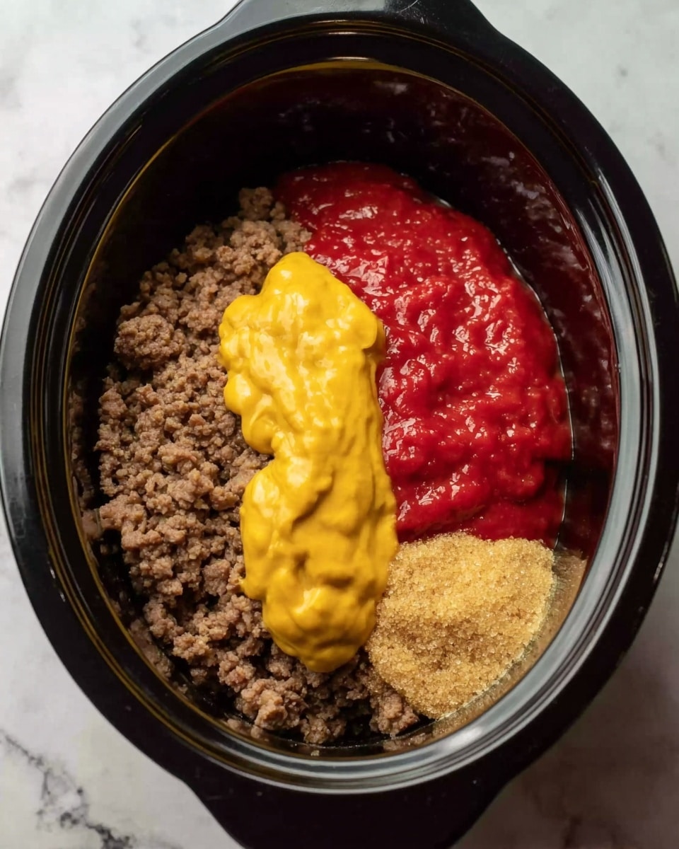A close-up of a black slow cooker bowl filled with four main ingredients arranged in separate layers: at the bottom, there is a layer of ground brown meat, on top right is a thick, bright red sauce, in the middle above the meat is a smooth, bright yellow mustard, and at the bottom right corner sits a small pile of light brown sugar. The background and surface around the slow cooker bowl show a white marbled texture. photo taken with an iphone --ar 4:5 --v 7