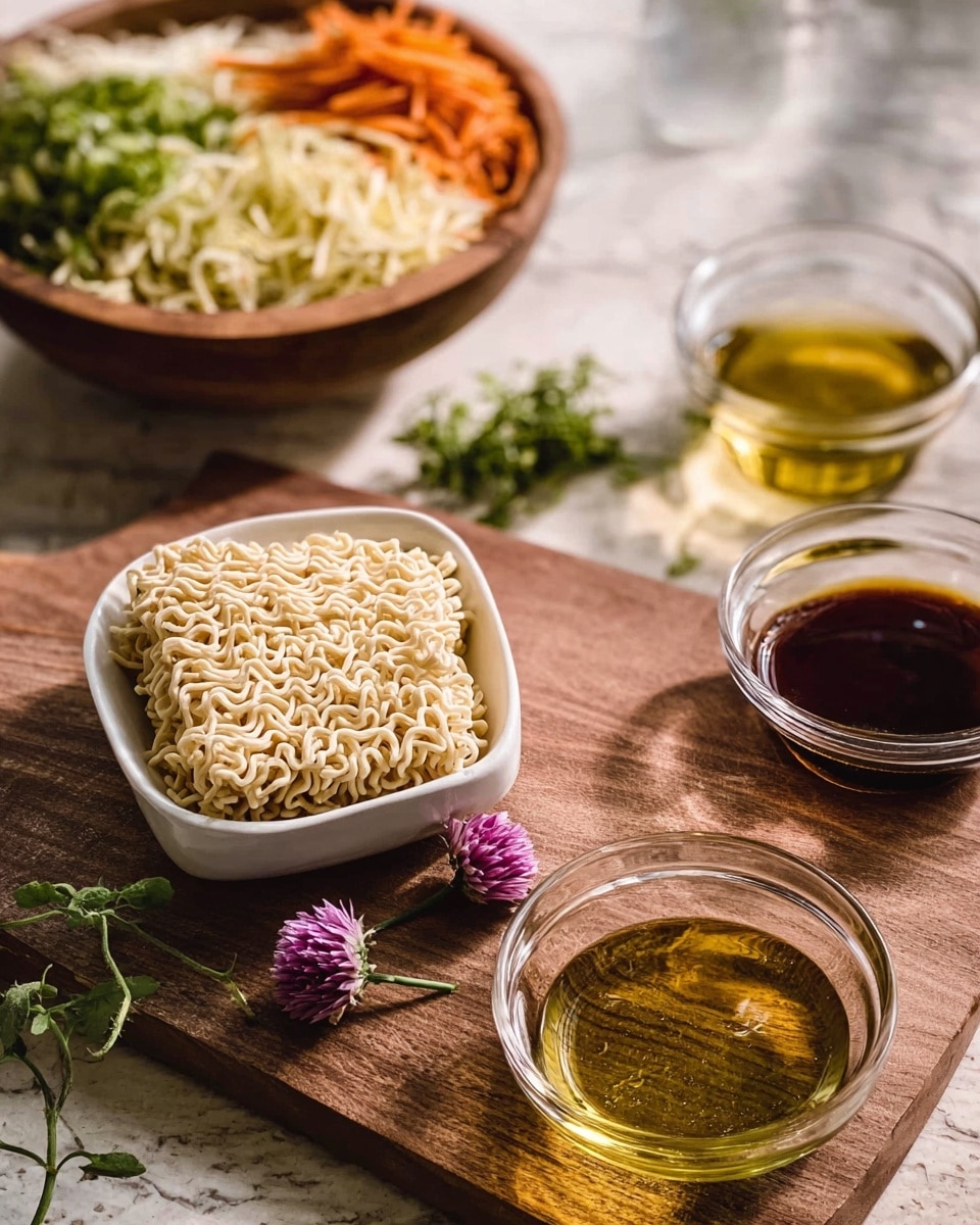 The image shows two square blocks of uncooked ramen noodles in a white bowl with two small purple flowers placed on top and beside the bowl. Nearby, there are two clear glass bowls filled with golden-colored oil and dark brown sauce set on a wooden board. In the background, a wooden bowl contains shredded light yellow and orange vegetables with some green onions resting on top. Green herbs are also visible on the left side and the whole scene is placed on a white marbled surface. photo taken with an iphone --ar 4:5 --v 7