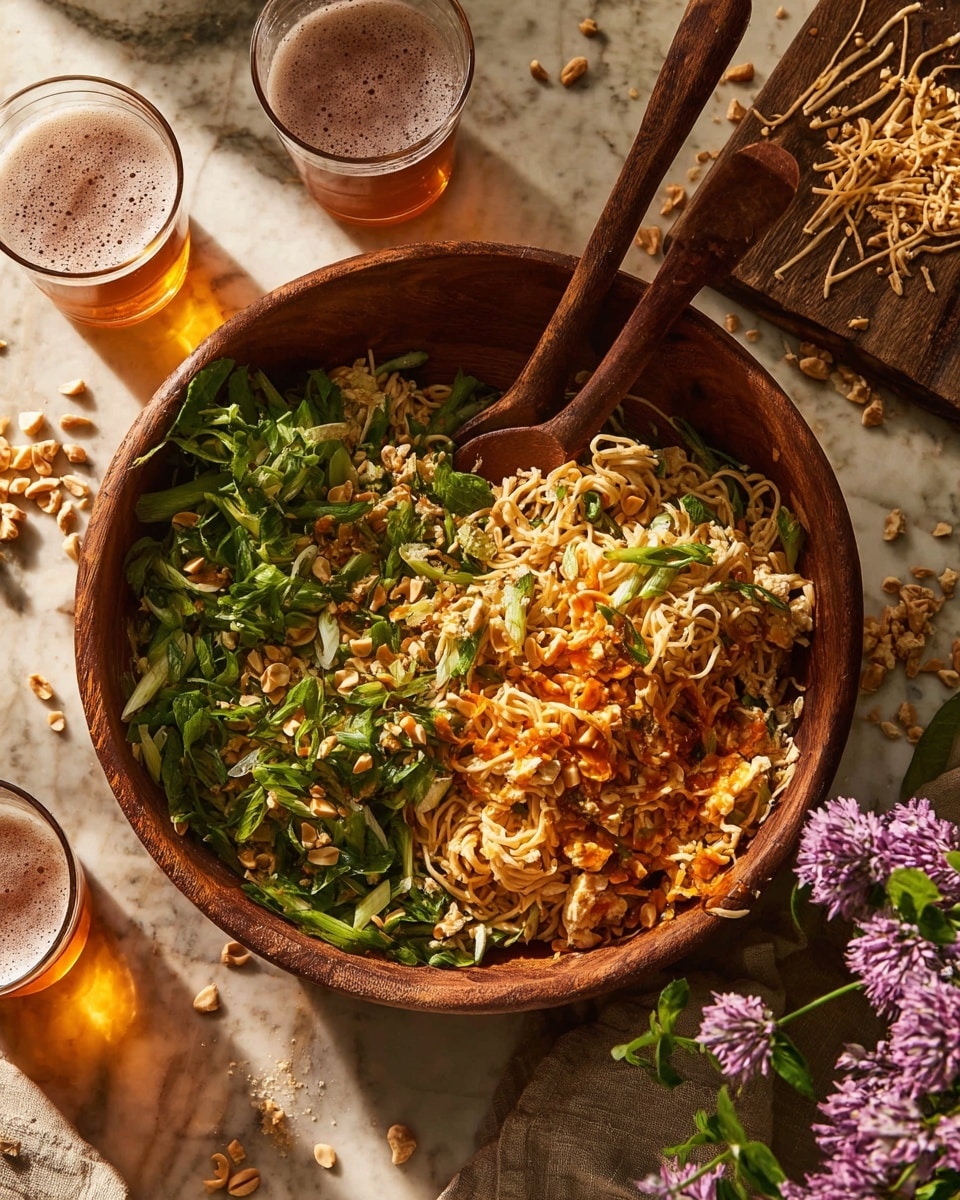 A large wooden bowl filled with a mix of curly yellow noodles, fresh green leafy herbs, and scattered light brown peanuts. The noodles have a slightly glossy texture with bits of orange sauce or seasoning on top. A dark wooden spoon rests inside the bowl, partly buried under the noodles. Around the bowl, there are light purple flowers and a pile of chopped peanuts on a wooden cutting board on the right side. In the front right, a glass of amber-colored liquid shows a slight foam on top. The whole setting is on a white marbled surface with warm natural light casting soft shadows. photo taken with an iphone --ar 4:5 --v 7
