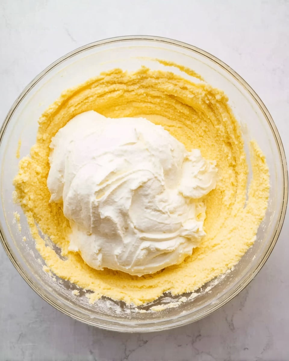 A clear glass bowl sits on a white marbled surface, filled with a mix of thick yellow batter forming the bottom layer. On top of the yellow batter, there is a large dollop of smooth white cream, slightly spread but still mostly in a round shape. The textures contrast with the creamy white layer looking soft and light, while the yellow batter appears denser and somewhat grainy. Photo taken with an iphone --ar 4:5 --v 7
