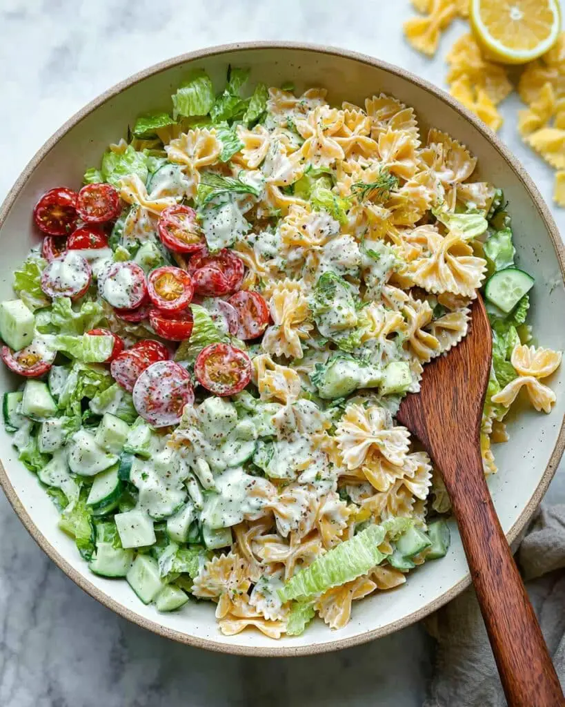 Crispy Air Fryer Pasta Salad with Fresh Vegetables and Lemon Parmesan Dressing Recipe