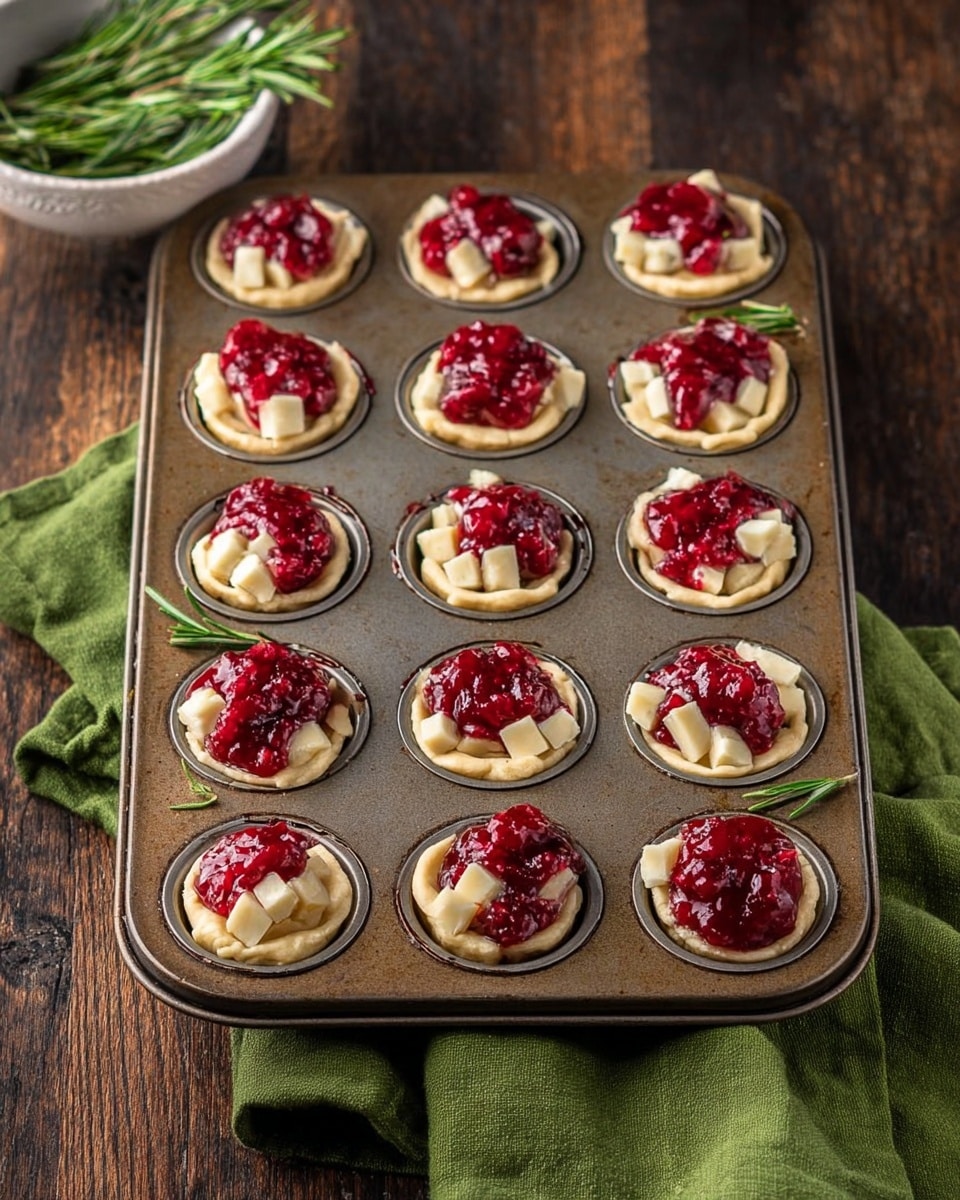 The image shows a metal muffin tray with 24 small cups, each filled with three layers. The bottom layer is a light beige dough pressed into each cup. The middle layer has small white chunks of cheese placed on the dough. The top layer is a bright red cranberry sauce spread over the cheese. The tray is on a dark wooden surface next to a green cloth and a small white bowl filled with fresh green rosemary sprigs. Photo taken with an iphone --ar 4:5 --v 7