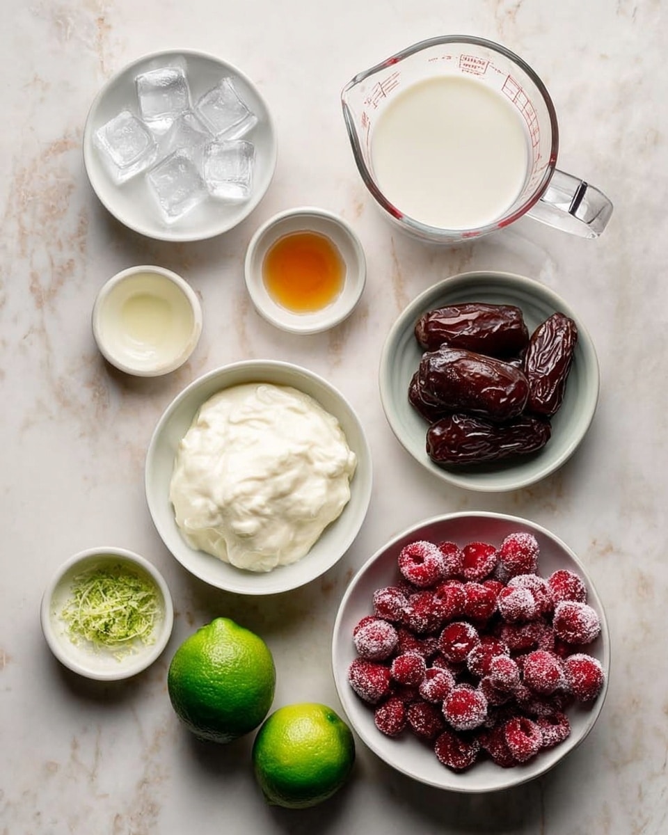 The image shows eight white bowls and a white measuring cup on a white marbled surface. Starting from the top left, there is a bowl with four clear ice cubes, a small bowl with light amber liquid, and a glass measuring cup filled with white milk. In the center right, a bowl holds many bright red frozen cherries covered in frost. Below the cherries, a bowl has thick white yogurt with a creamy texture. To the left of the yogurt, a small cup contains pale yellow liquid. Moving left, a bowl holds two dark brown dates with wrinkled skin. Above that, a tiny bowl has bright green lime zest, and beside it, two whole limes rest directly on the surface, one partly visible with a rough green peel. The composition is neat, with good lighting that shows the colors and textures clearly. photo taken with an iphone --ar 4:5 --v 7