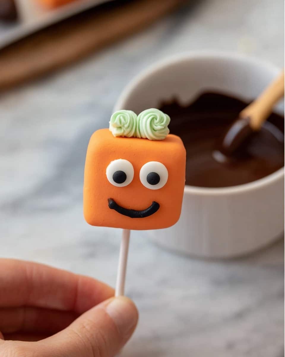 A small square marshmallow covered with smooth orange frosting is held by a woman's hand on a white stick. The marshmallow has two round white candy eyes with black dots in the center placed near the top side. On top of it, there is a small swirl of light green frosting that looks like leaves. A woman's hand is using a small wooden stick to add a curved smile made of black icing below the eyes. The background shows a white bowl filled with dark brown chocolate sauce on a white marbled surface. photo taken with an iphone --ar 4:5 --v 7