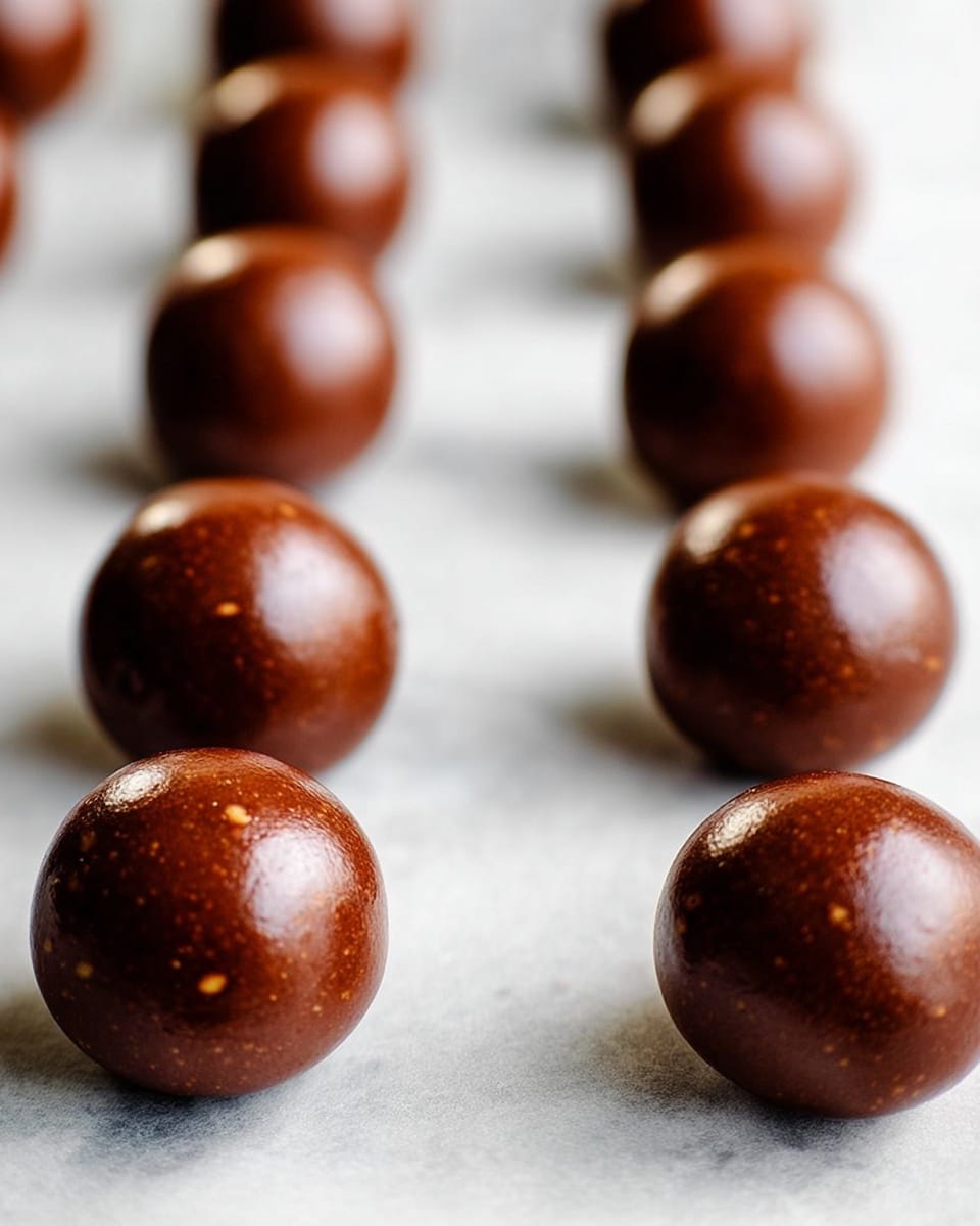 The image shows two neat rows of smooth, round chocolate balls placed on white parchment paper. Each ball is shiny and dark brown with a glossy texture, and they appear slightly soft with small spots of lighter color inside the chocolate. The balls are evenly spaced in straight lines on a white marbled surface that gives a clean, bright look to the setting. The photo is close-up, focusing on the front balls with a shallow depth of field blurring the balls in the back. photo taken with an iphone --ar 4:5 --v 7