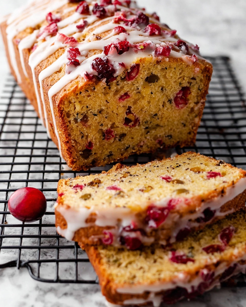 A white loaf cake is sliced and arranged on a white marbled surface, showing five thick slices. The cake has a golden-brown crust with a soft yellow inside, filled with bright red cherries that peek out from each slice. A white icing glaze is drizzled over the top, dripping slightly down the sides. Next to the cake, a white bowl holds more shiny red cherries. The background is a clean white marbled texture. photo taken with an iphone --ar 4:5 --v 7