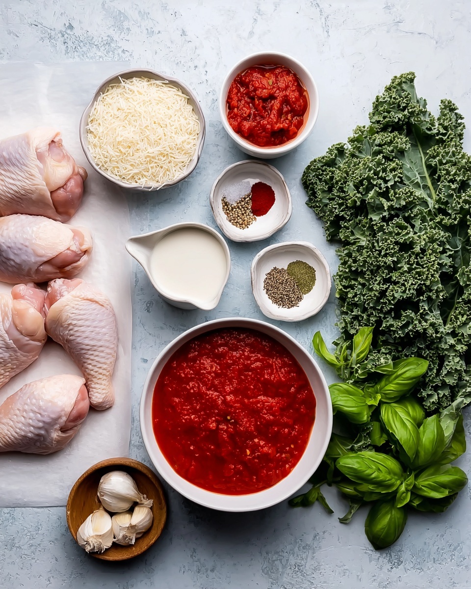 The image shows several ingredients neatly arranged on a light blue surface with a white marbled texture underneath. On the left, there are four raw chicken pieces laid on a white sheet. Above them, a small white bowl holds grated cheese, and next to it is a smaller white bowl with red tomato paste. In the center, a small dish contains four spices in separate sections—the red chili flakes, fennel seeds, black pepper, and salt. Above it, a small white measuring cup is filled with milk. To the right, there is a large white bowl filled with bright red tomato sauce, and beside it is a smaller white bowl holding olive oil. Above and to the right, a large bunch of curly green kale leaves rests on the surface. In the lower right corner, fresh basil leaves add a rich green contrast. A small wooden bowl with minced garlic sits next to the big bowl of tomato sauce. The overall arrangement is very tidy and colorful, showing fresh and raw ingredients ready for cooking. photo taken with an iphone --ar 4:5 --v 7