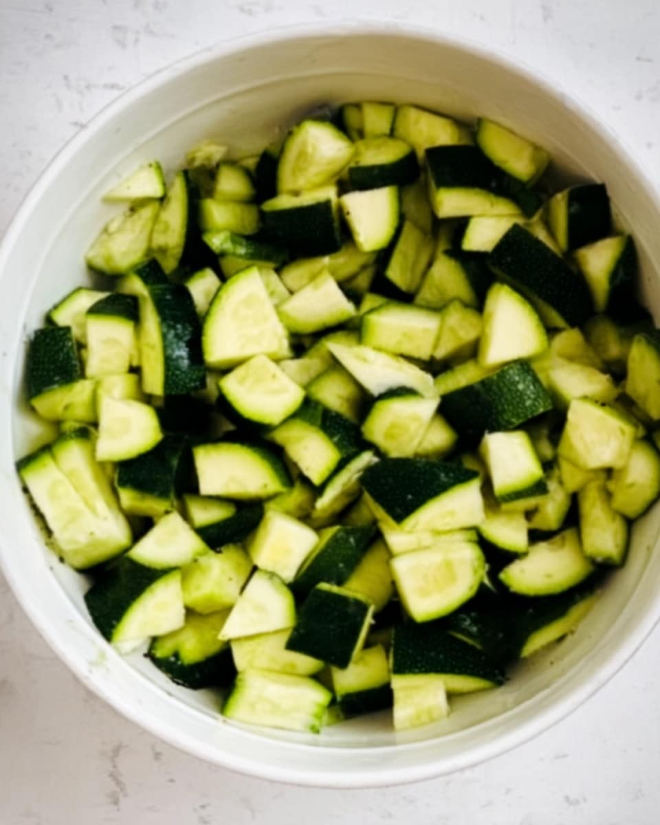 The image shows a bowl filled with chopped zucchini pieces. The zucchini pieces are light and dark green, with a soft, slightly shiny texture. The bowl is white and sits on a white marbled surface. The chopped pieces are layered randomly but fill the bowl almost to the top. photo taken with an iphone --ar 4:5 --v 7