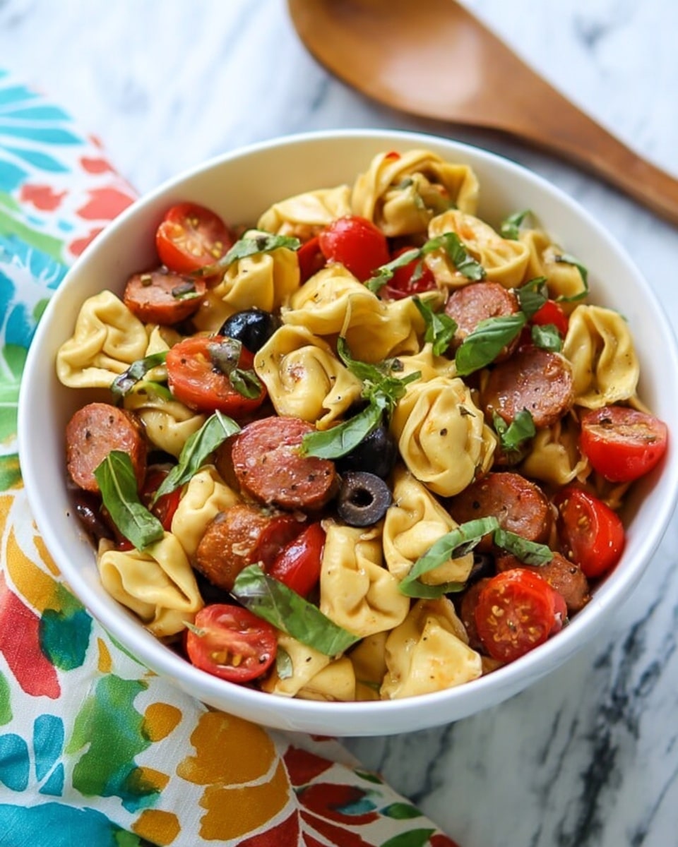 A white bowl filled with tortellini pasta mixed with small round slices of red sausage, chopped cherry tomatoes, black olive slices, and fresh torn green basil leaves scattered on top. The tortellini are golden yellow and slightly shiny, the sausage pieces are smooth and glossy, and the tomatoes add bright red color. The black olives are shiny and add contrast. The bowl sits on a white marbled texture surface with a wooden spoon and a colorful cloth nearby. Photo taken with an iphone --ar 4:5 --v 7