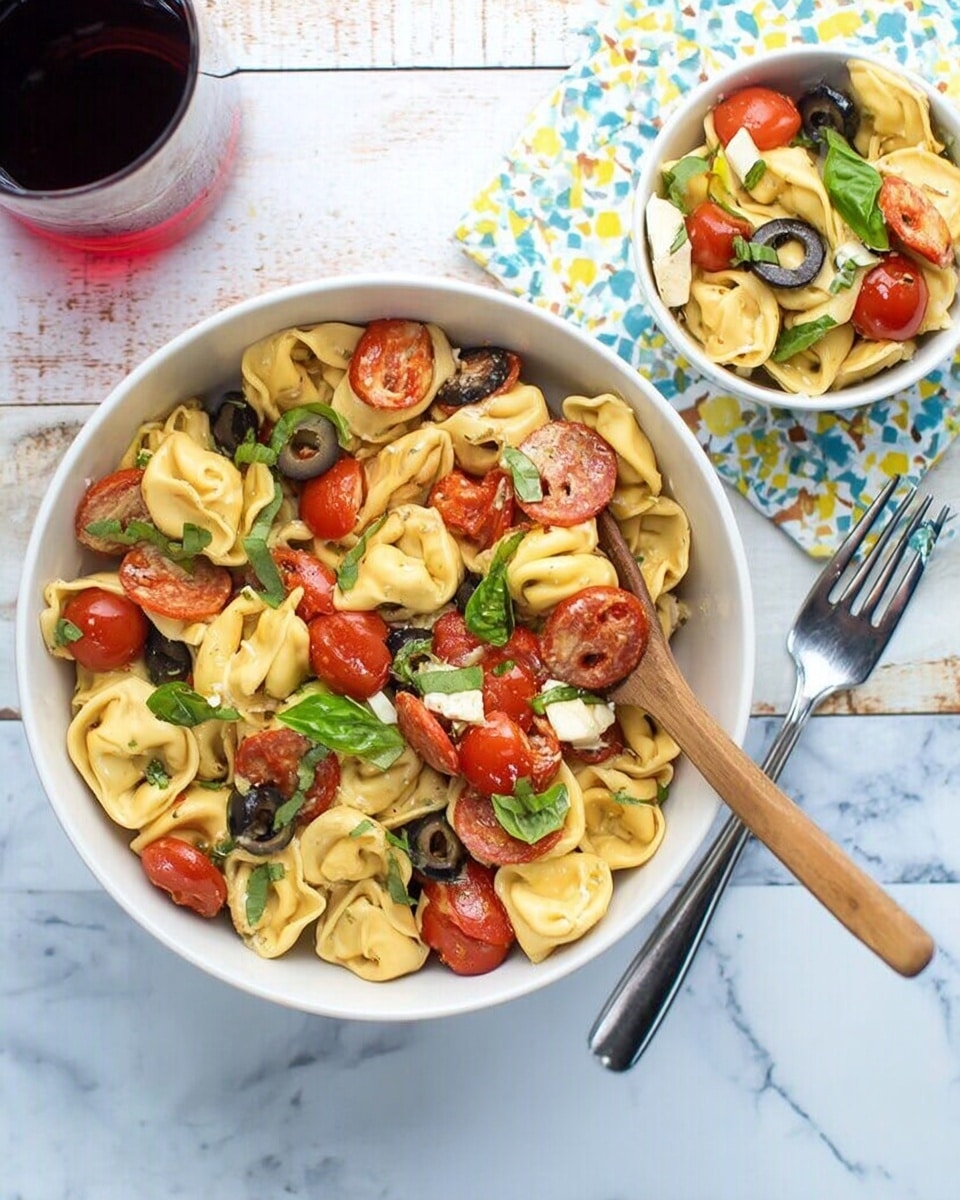 A white bowl filled with yellow tortellini pasta mixed with small red cherry tomatoes, sliced black olives, tiny round pepperoni slices, and chunks of white cheese, all topped with fresh green basil leaves. A wooden spoon rests inside the bowl, stirring the pasta. To the right, a smaller white bowl contains the same pasta mixture with the same toppings, next to a silver fork resting on a white marbled surface. In the upper part of the image, there's a dark beverage in a glass unseen at the top, with a red bottled drink near the fork. photo taken with an iphone --ar 4:5 --v 7